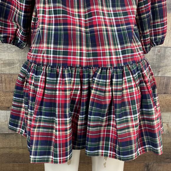 LDT Rachel Plaid Round Neck 3/4 Puff Sleeve Ruffled Poof Waistless Dress SIze 6 - Picture 9 of 12